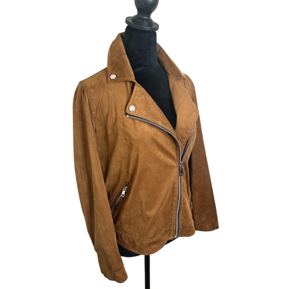 LOFT Moto Jacket Womens Medium Petite Tan‎ Camel Asym Zip Biker - Picture 7 of 10